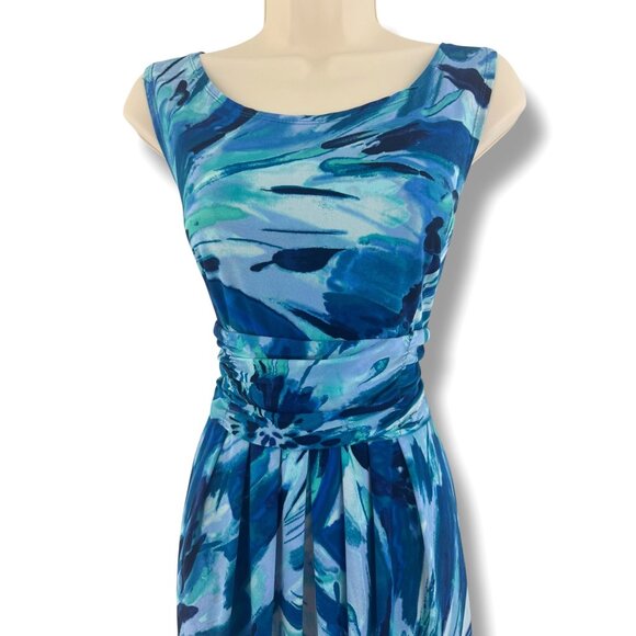 Perceptions Blue Watercolor Floral Ruched‎ Waist Sleeveless Dress Size 14 Summer - Picture 2 of 7